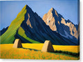 a painting of hay bales in a field with mountains in the background