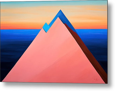 a painting of a pink triangle with a blue arrow on top