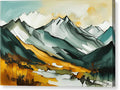 a painting of a mountain range with a river in the foreground
