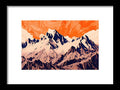 a picture of a painting of a mountain range with orange sky