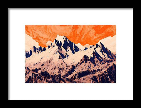 a picture of a painting of a mountain range with orange sky