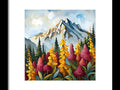 a painting of a mountain with flowers and trees in the foreground