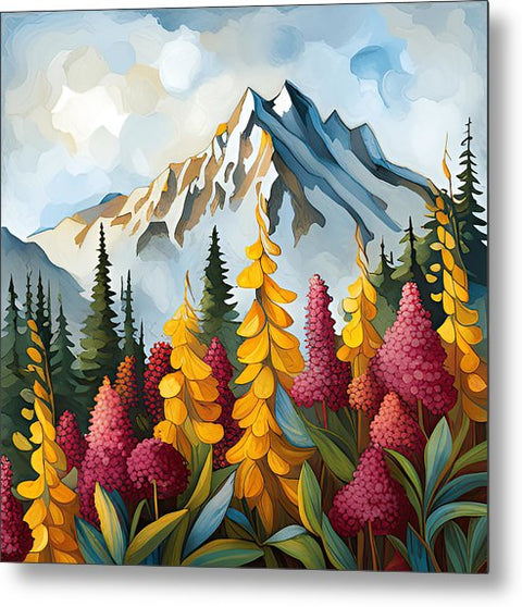 a painting of a mountain with flowers and trees in the foreground