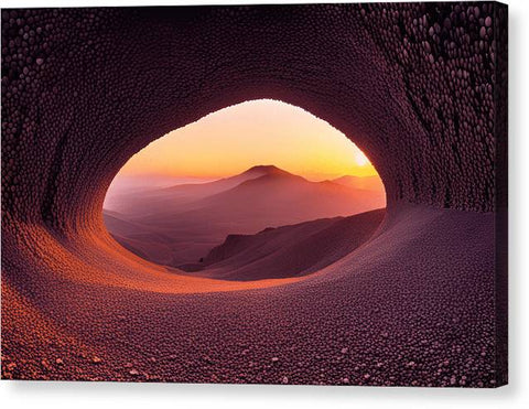 a view of the sun setting through a cave in the mountains