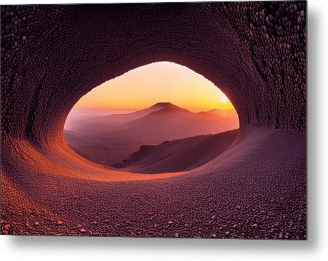 a view of the sun setting through a cave in the desert metal print