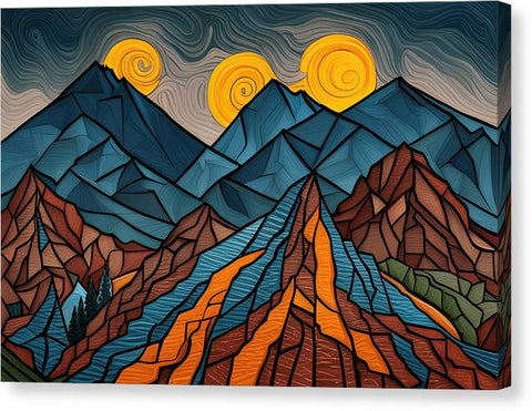 a painting of mountains with a river and sun in the background