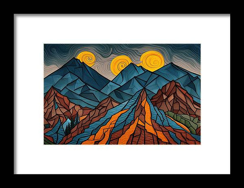 a painting of mountains with a sun and clouds in the background