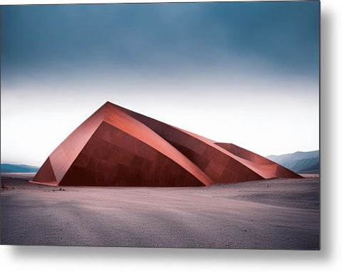 a red structure in the middle of a desert with mountains in the background