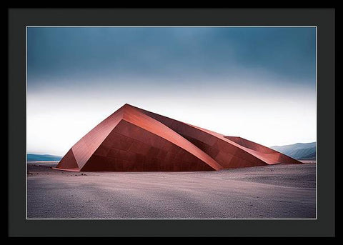 arafed photograph of a red structure in a desert with a sky background
