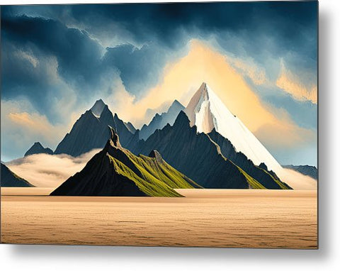a painting of a mountain range with a cloudy sky above it