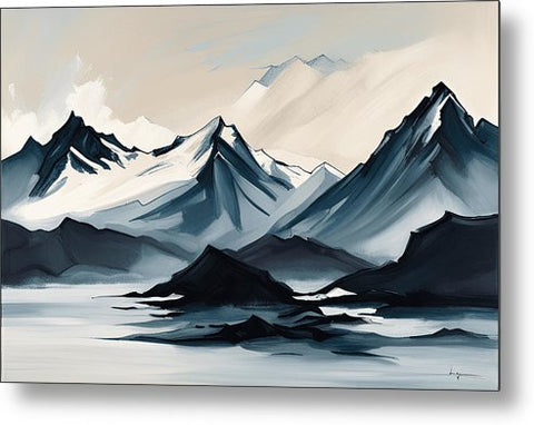 a painting of mountains with snow on them and a sky background