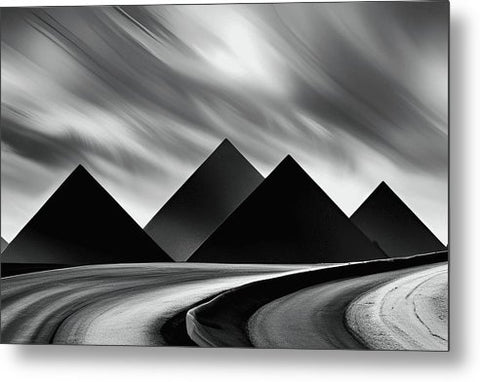 three pyramids in black and white metal print