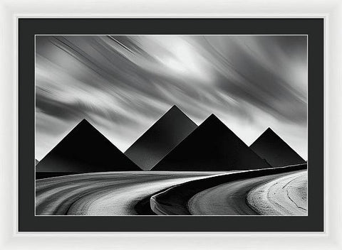 Metallic Pyramids: A Black and White Perspective - Framed Print