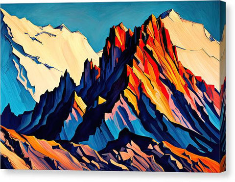 a painting of mountains with colorful colors and a blue sky