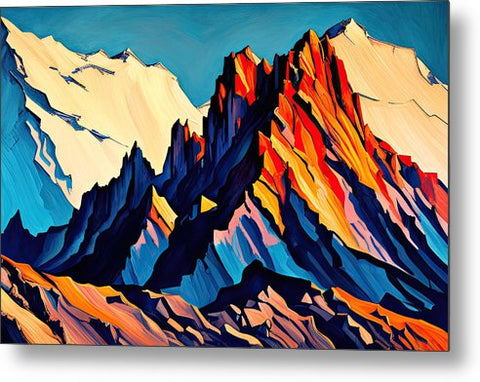 a painting of mountains with colorful colors and a blue sky