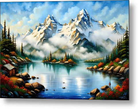 a painting of a mountain lake with a mountain range in the background