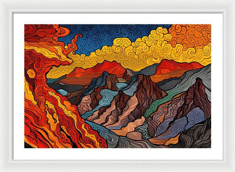Mountain Vista with Flowing River and Majestic Clouds - Framed Print