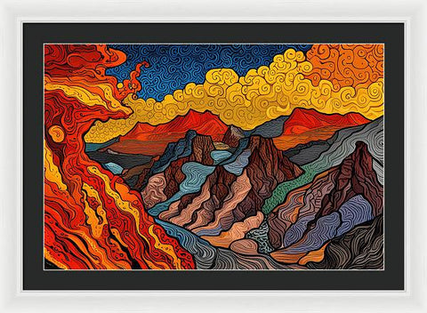 Mountain Vista with Flowing River and Majestic Clouds - Framed Print