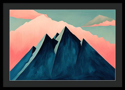 a painting of a mountain with a pink sky and clouds