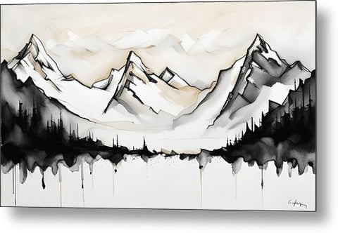 a painting of a mountain range with trees and mountains in the background