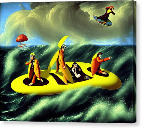 A man in wet suit surfing the waves with others on an inflatable board