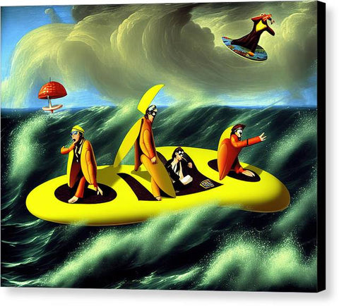 A man in wet suit surfing the waves with others on an inflatable board