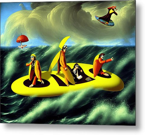 A group of surfers riding their surfboards over the ocean with a red dog in