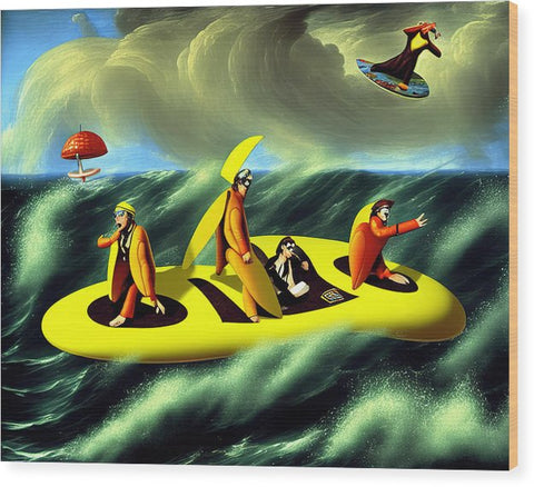 Four surfboarders riding a wave in the ocean in an inflatable raft on the