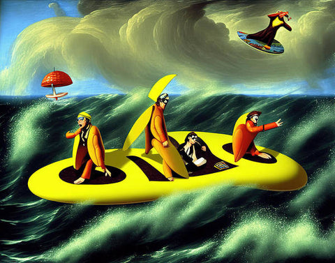 Four people riding a surf board on the ocean in colorful clothes.