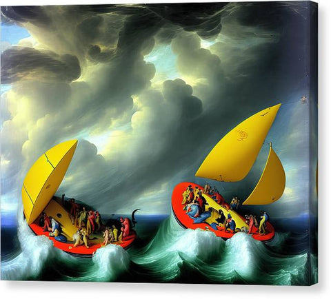 A group of two people riding rough seas on some boats with sails attached