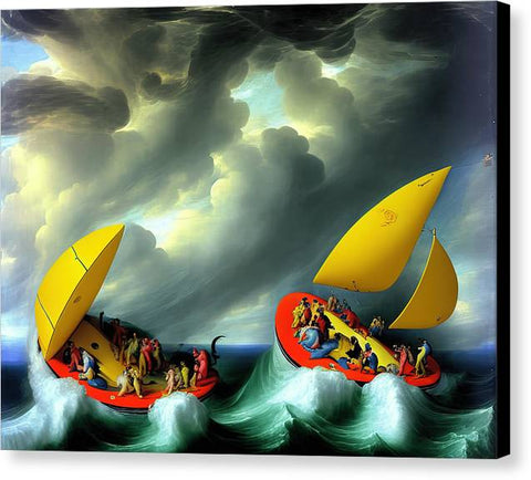 A group of two people riding rough seas on some boats with sails attached