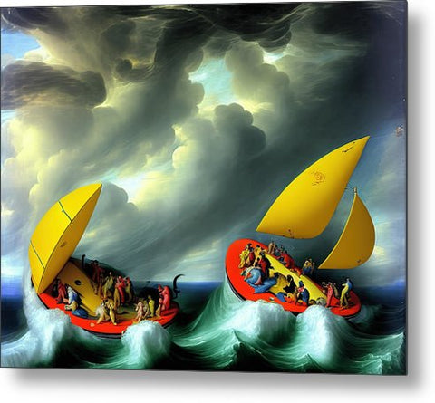 Three people are cruising through a stormy ocean next to large sails on the coast.