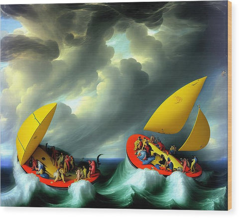Two men in surfboards riding wooden boats on the ocean on top of a cloudy day