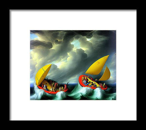 Two small colorful boats sailing in water on the ocean with two boat people out on board