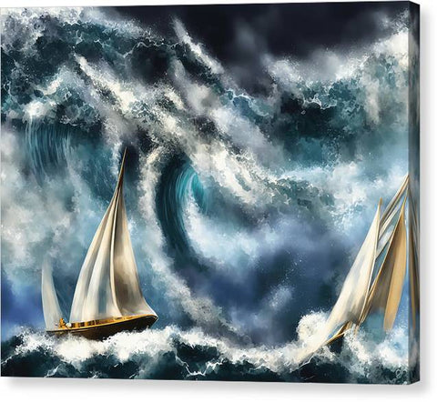 A very large boat is on a stormy ocean with sail sails blowing across it