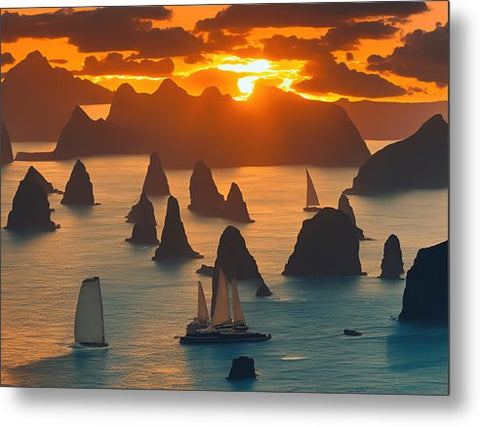 Sailboats in a body of water with a sunset and sun.