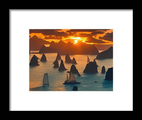 Small sailboats are floating in an ocean with the sun setting on top.
