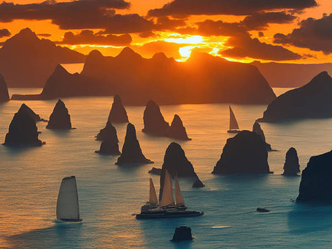 Several sailboats on the ocean are in the photo of Viet nam.