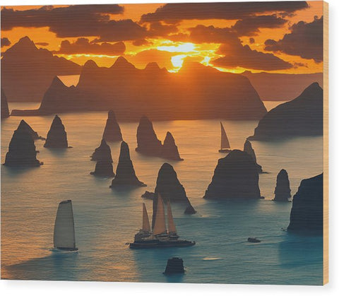 The sunset view has many sails on small sailboats floating in the ocean.