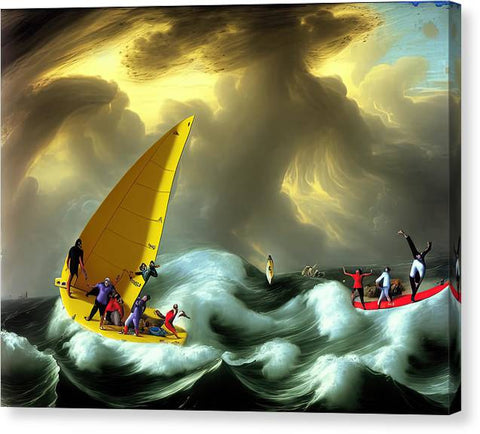 An image of men riding a sailboard in weather conditions on the ocean