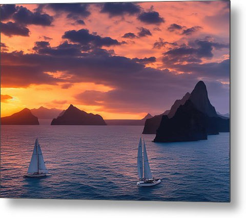 many boats sailing on the grassy mountains in the sky with the sun setting