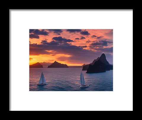 A picture of sail boats at dusk on the beach in a calm stream.