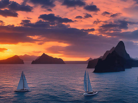 a row of sailboats sailing in the ocean in the sunset