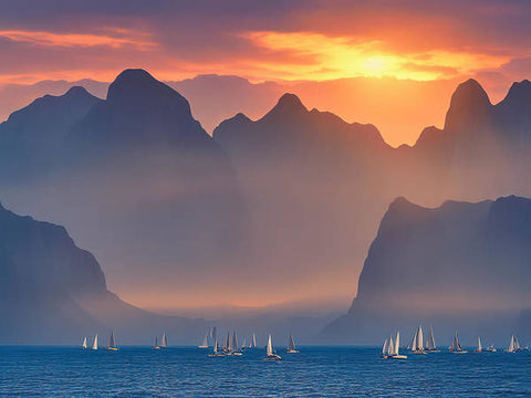 A large group of sailboats on the ocean as a sun rises.