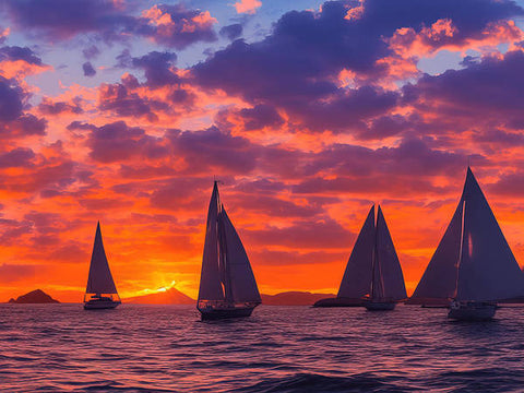 A group of sail boats on ocean at sunset that are tied together with a rope system