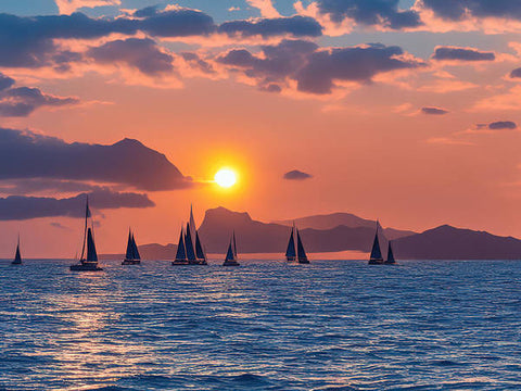 A group of sailboats cruising on the water with a sunset in the background.