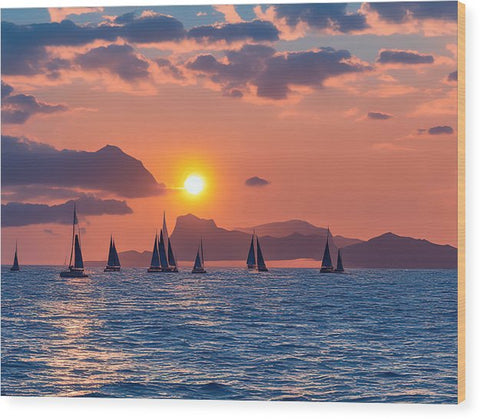 a large set of sailboats on the water with the sun setting behind them