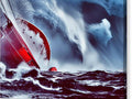 The windsurfer sits on a high wave on a boat in mid water