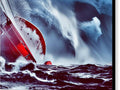 The windsurfer sits on a high wave on a boat in mid water