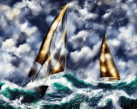 Two men on sailboats cruising a harbor by the ocean in a strong wind.